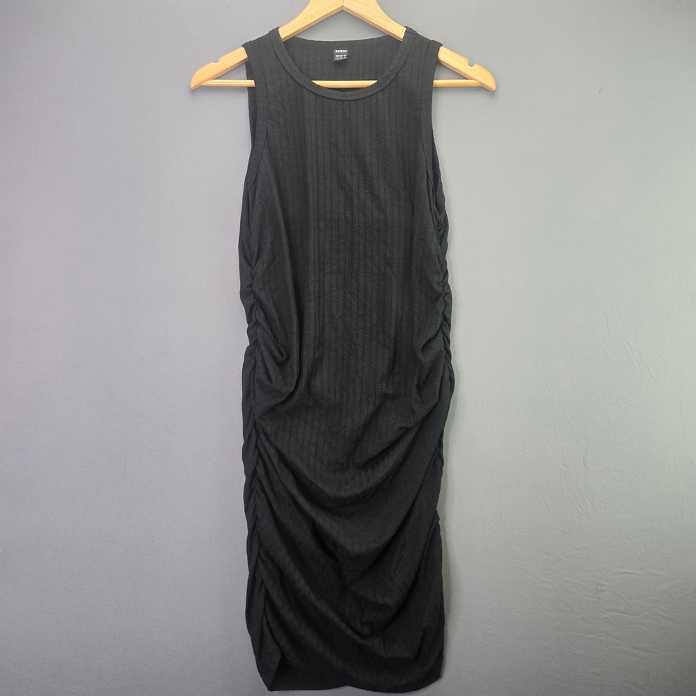 SHEIN Dress Womens Medium Black Ribbed Sleeveless Ruched Side Bodycon Mini Basic
